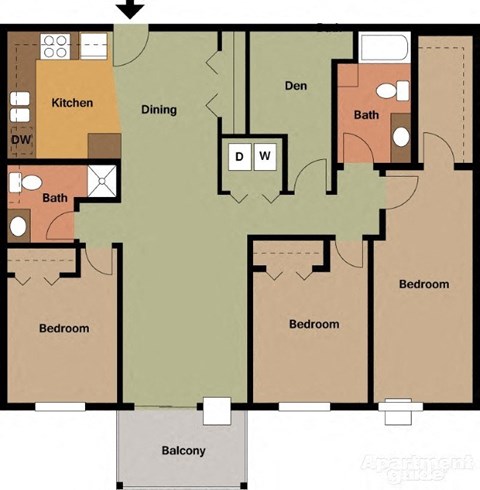 Floor plan for 3 beds, 2 baths, 1408 sqft